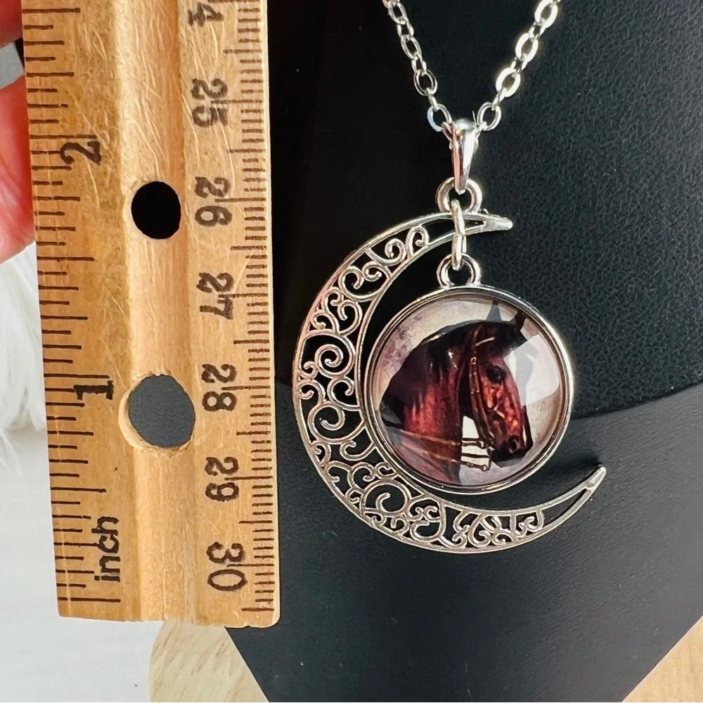 Horse Portrait Crescent Moon Pendant Necklace Silver Tone